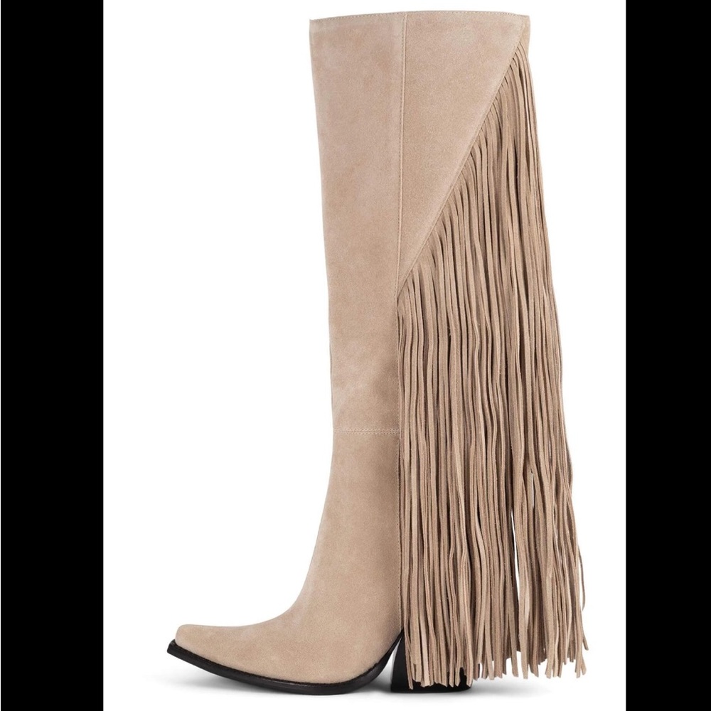 Jeffrey Campbell Beige Suede Fringe Knee Boots